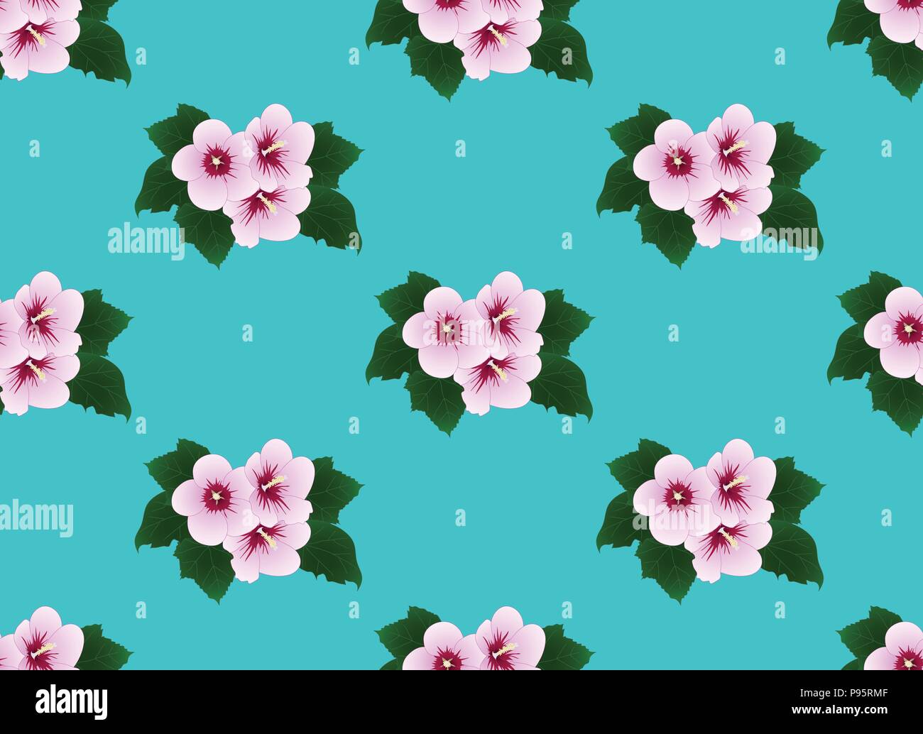 Pink Hibiscus syriacus - Rose of Sharon on Mint Background. Vector Illustration Stock Vector