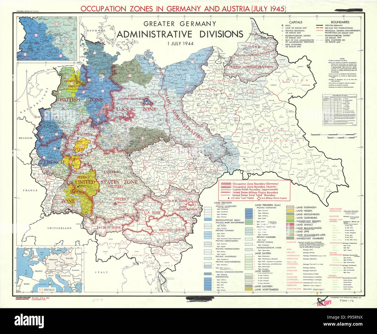 Map Showing Occupation Zones in Germany and Austria - July 1945 Stock Photo