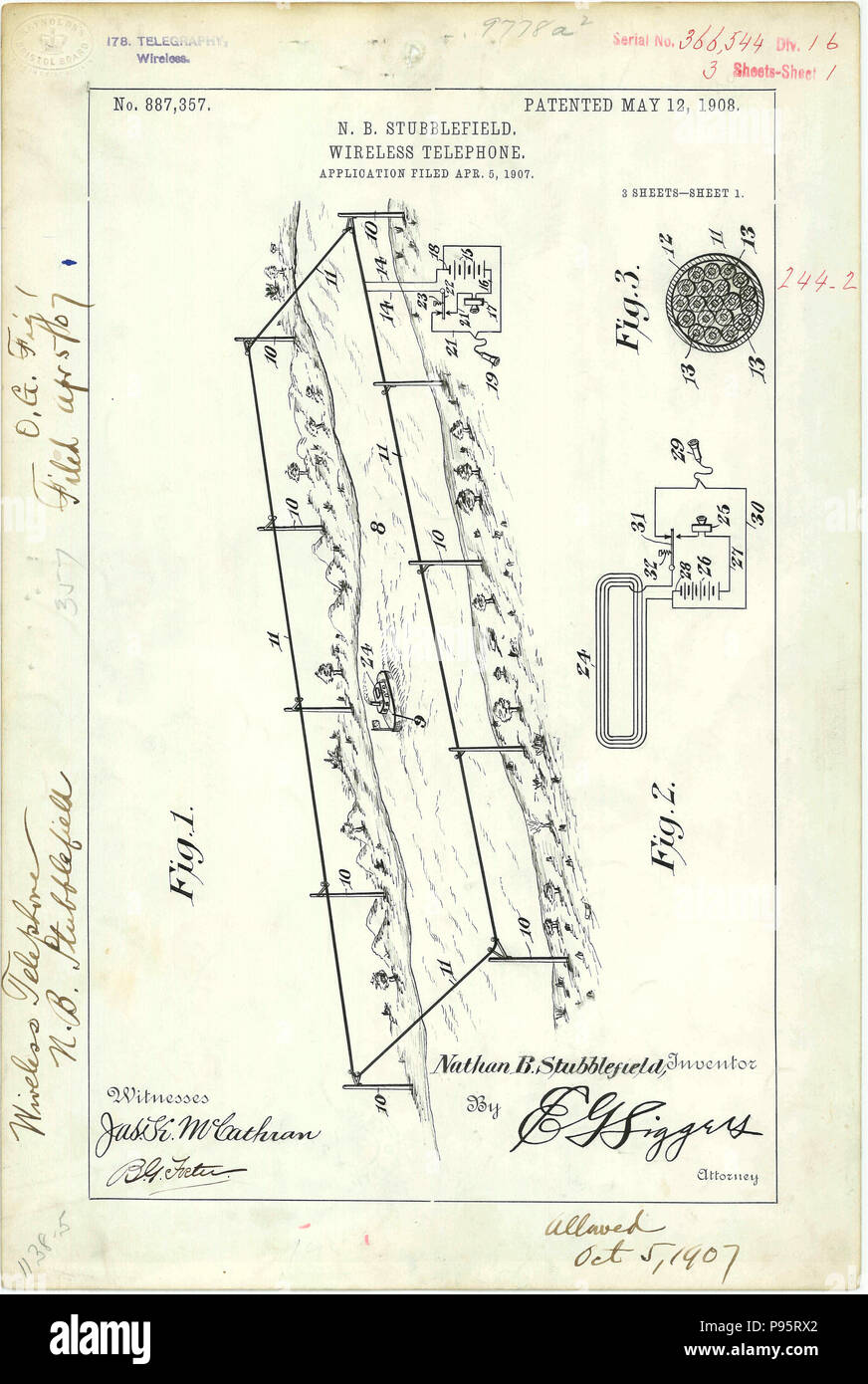 N.B. Subblefield, Wireless Telephone Patent Application 1908 Stock Photo