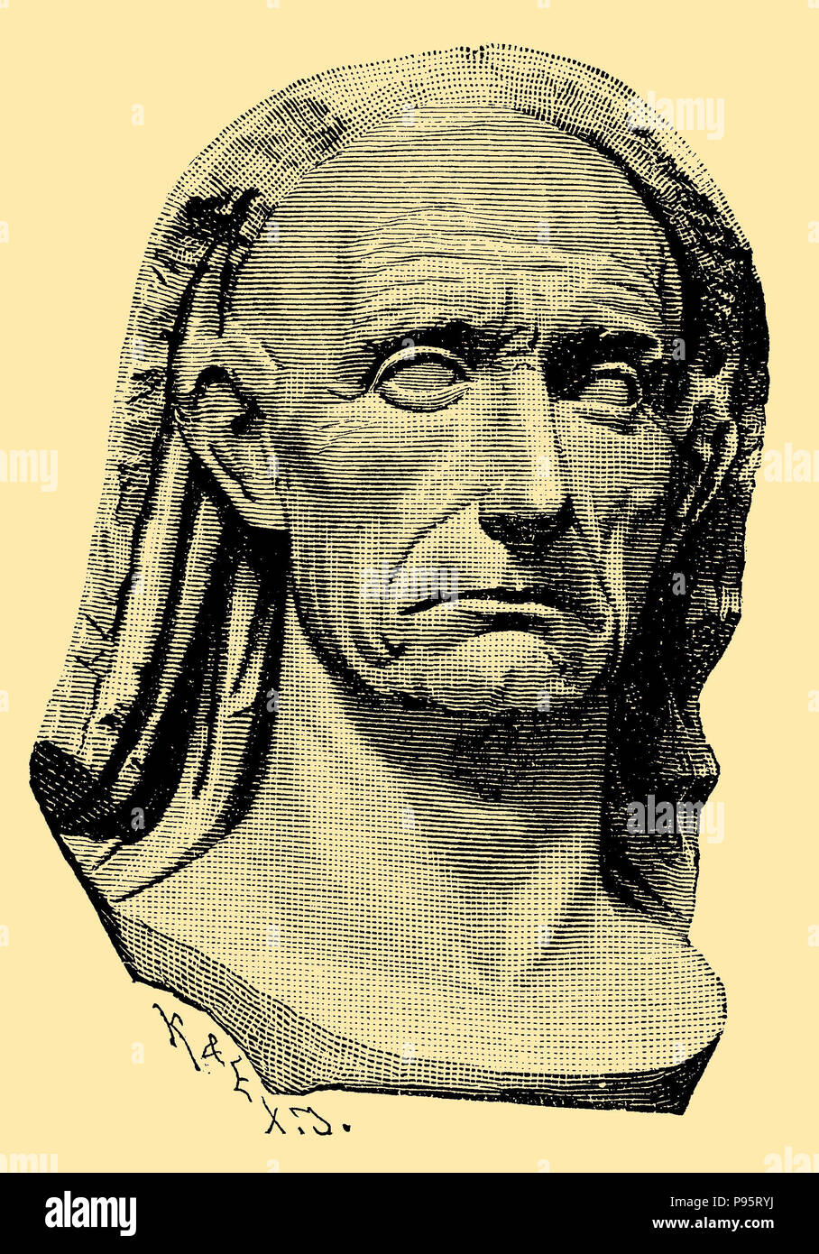 Gaius Julius Caesar (July 13, 100 BC - March 15, 44 BC), Roman statesman, general and author, adoptive father of Augustus, portrait bust of aging Caesar in the Vatican,   1899 Stock Photo