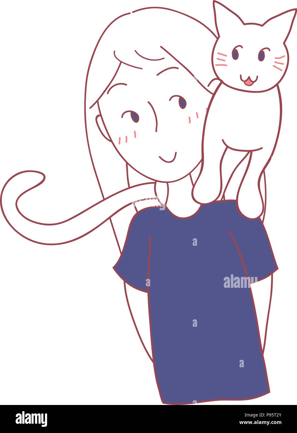 Cat Sit on Girl Shoulder. Vector Illustration. isolated on White