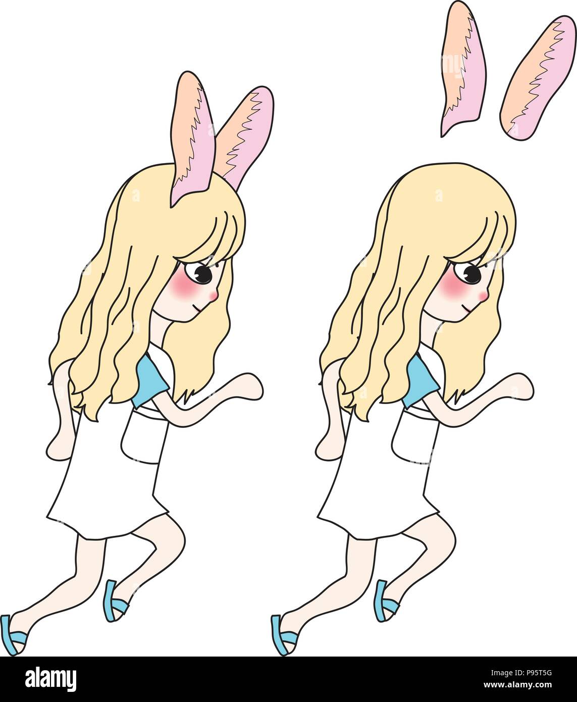 Curly Long Hair Girl With Rabbit Ears Running Vector Illustration