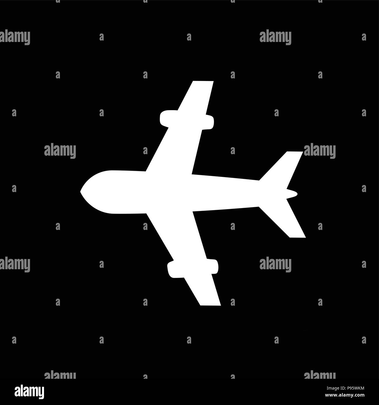 Vector white silhouette illustration of airplane icon isolated on black ...