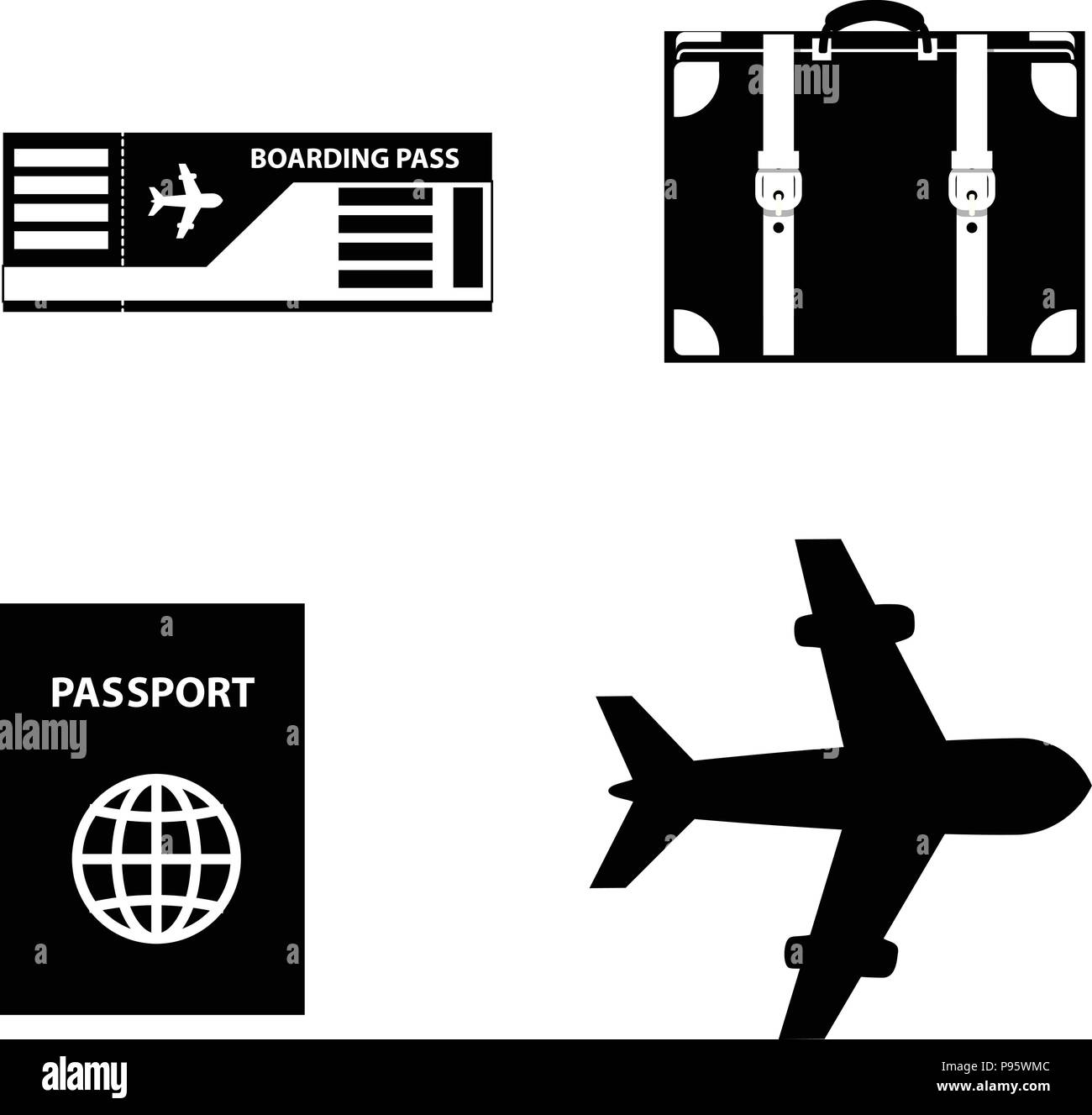 Vector black and white silhouette illustration of summer travel icon set collection isolated on white background. Luggage, boarding pass ticket, plane Stock Vector