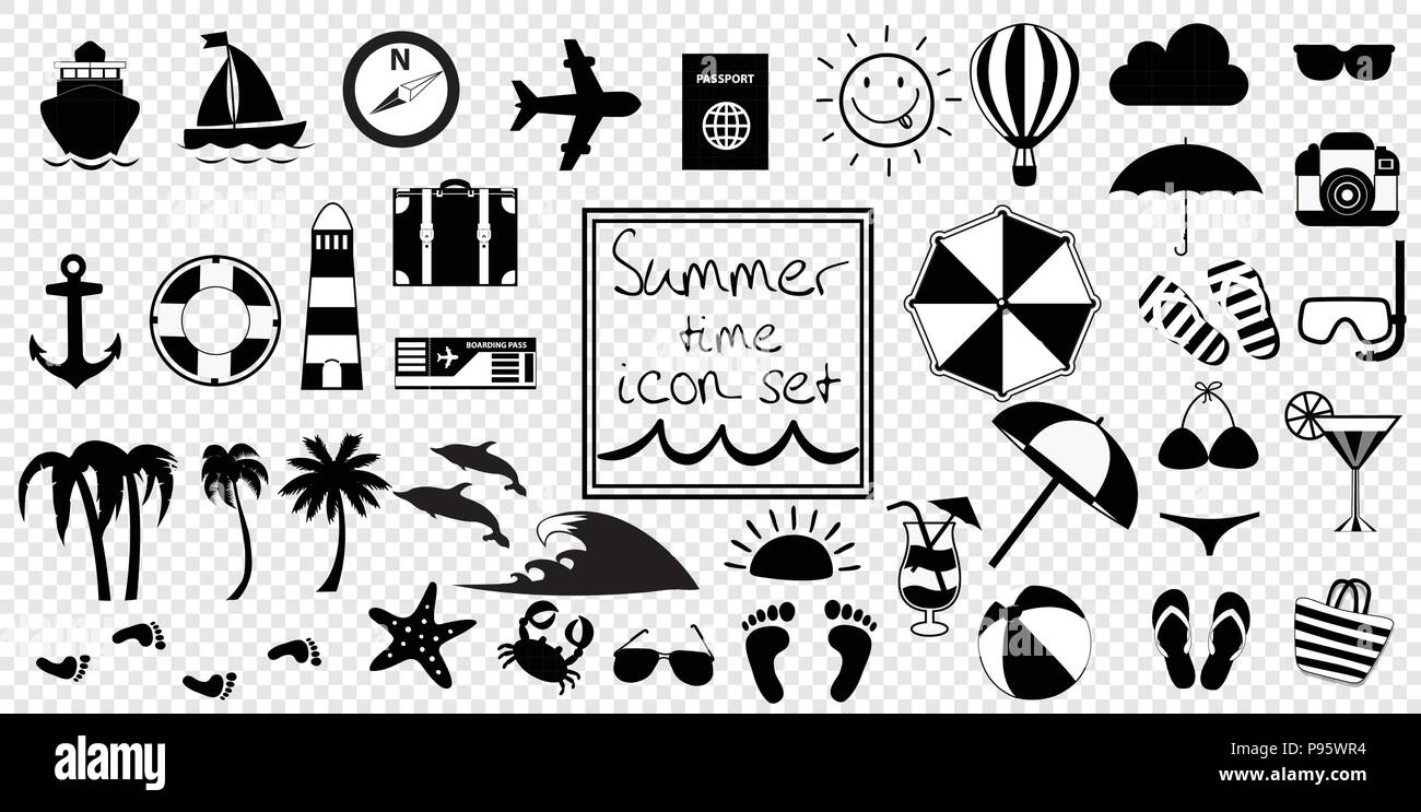 Vector Black And White Summer Travel Or Vacation Beach Big