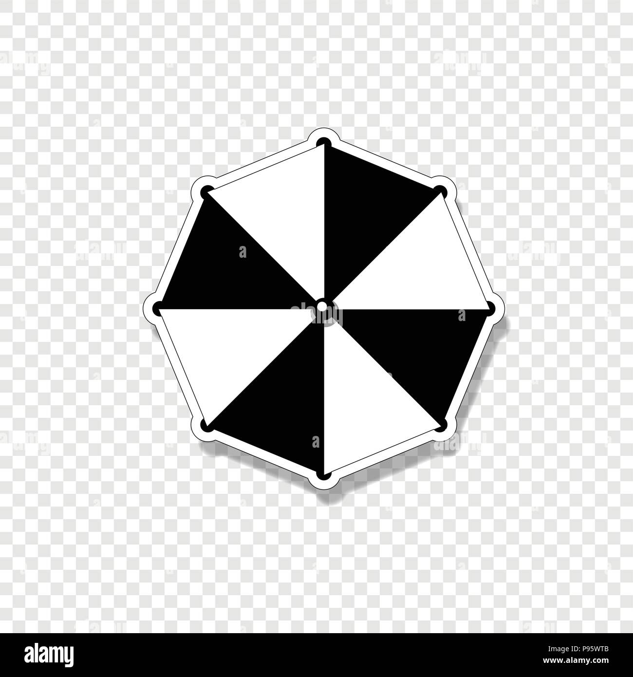 Vector black and white silhouette illustration of beach striped umbrella top view icon isolated on transparent background. Stock Vector