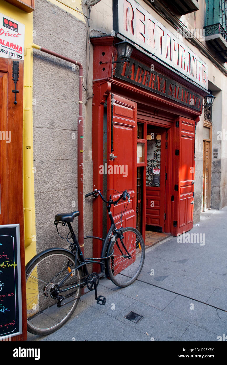 Tavern and bicycle. Cava Baja street, Madrid, Spain. Stock Photo