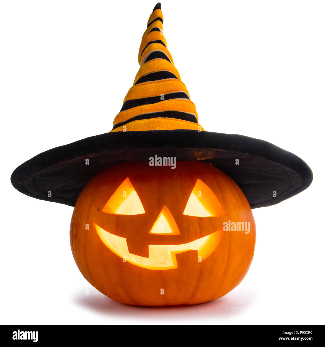 Jack O Lantern Halloween pumpkin with witches hat isolated on white ...