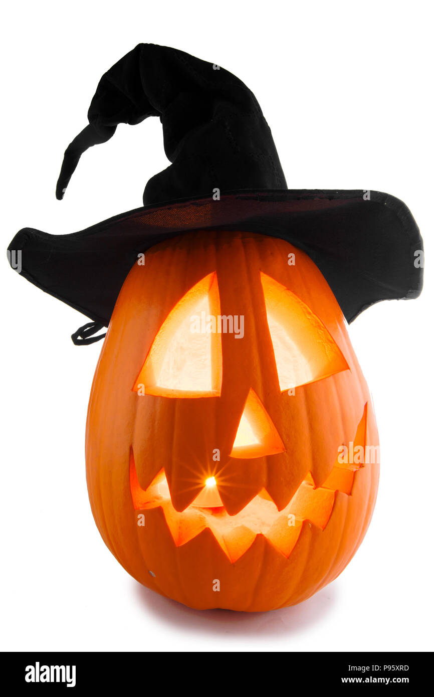 Jack O Lantern Halloween pumpkin with witches hat isolated on white ...