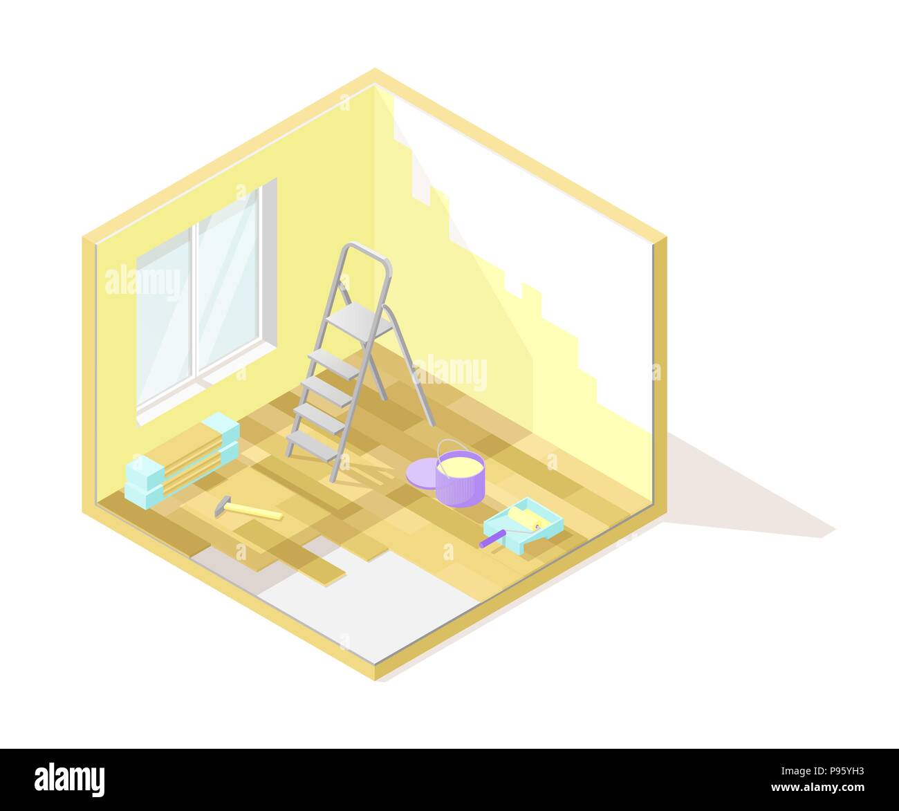 Vector isometric low poly cutaway interior illustartion. Room ...