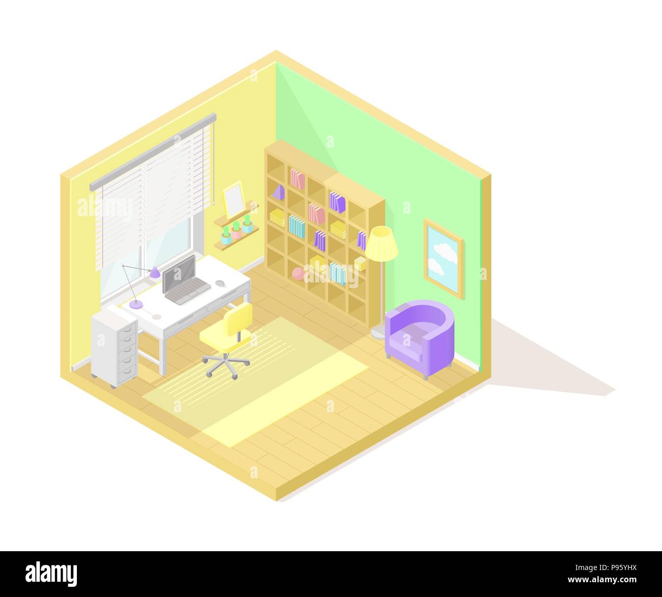 Vector isometric low poly cutaway interior illustartion. Working room ...