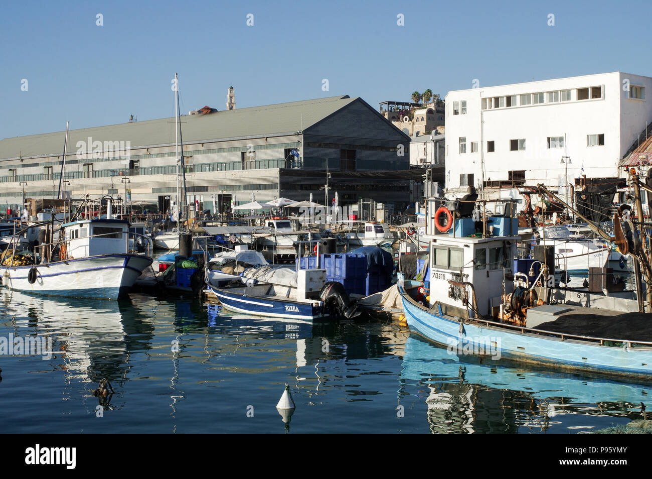 Fishing boats moored in Jaffa Port in Tel Aviv, Israel Stock Photo