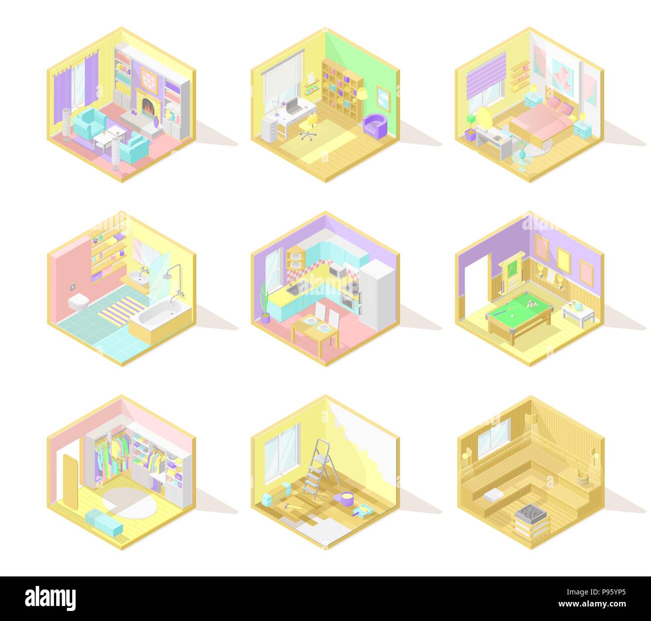 Vector big set of isometric home interiors - living room, bed room ...