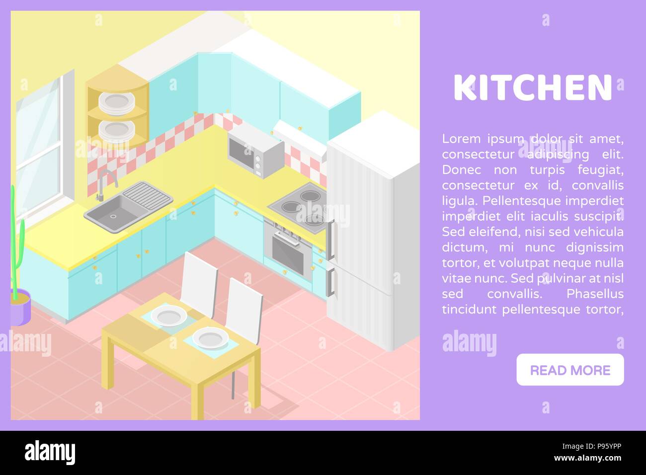 Vector isometric low poly cutaway interior illustartion. Kitchen with ...