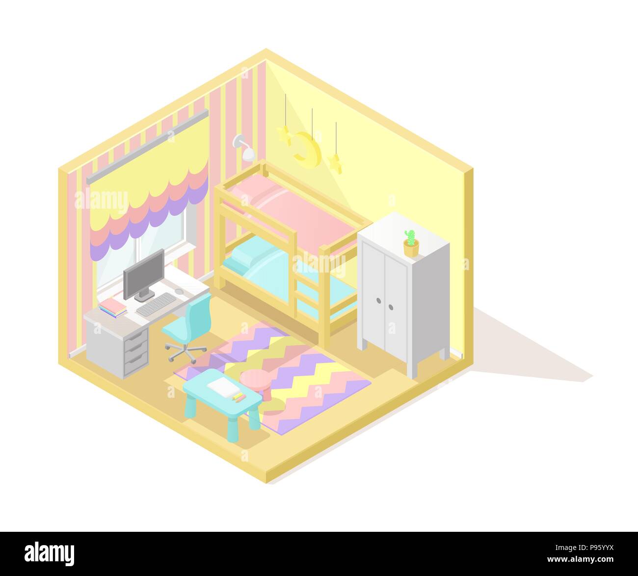 Vector isometric low poly cutaway interior illustartion. Kids room ...