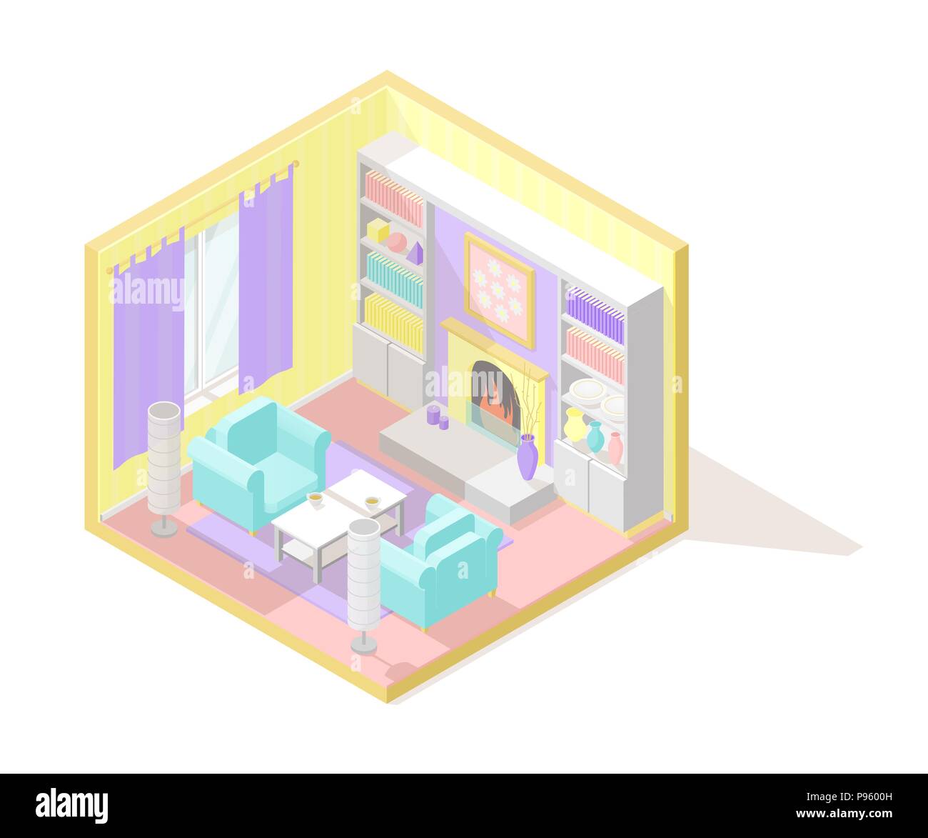 Vector isometric low poly cutaway interior illustartion. Living room ...