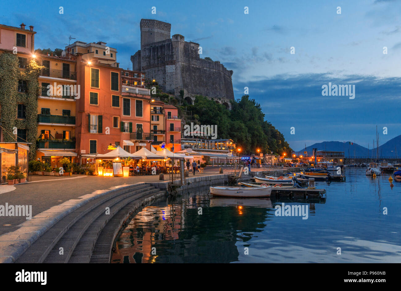 Italian seaside town of Lerici, and its medieval castle, opposite La Spezia. Lerici is considered a part of the greater Cinque Terre area. Stock Photo
