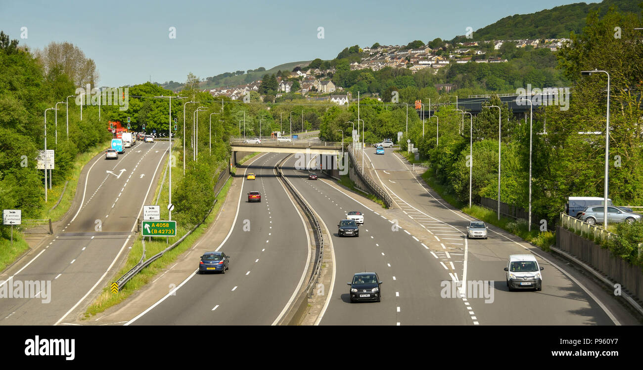 Wide angle view of the A470 dual carriageway at Pontypridd with slips roads either side to and from a junction Stock Photo