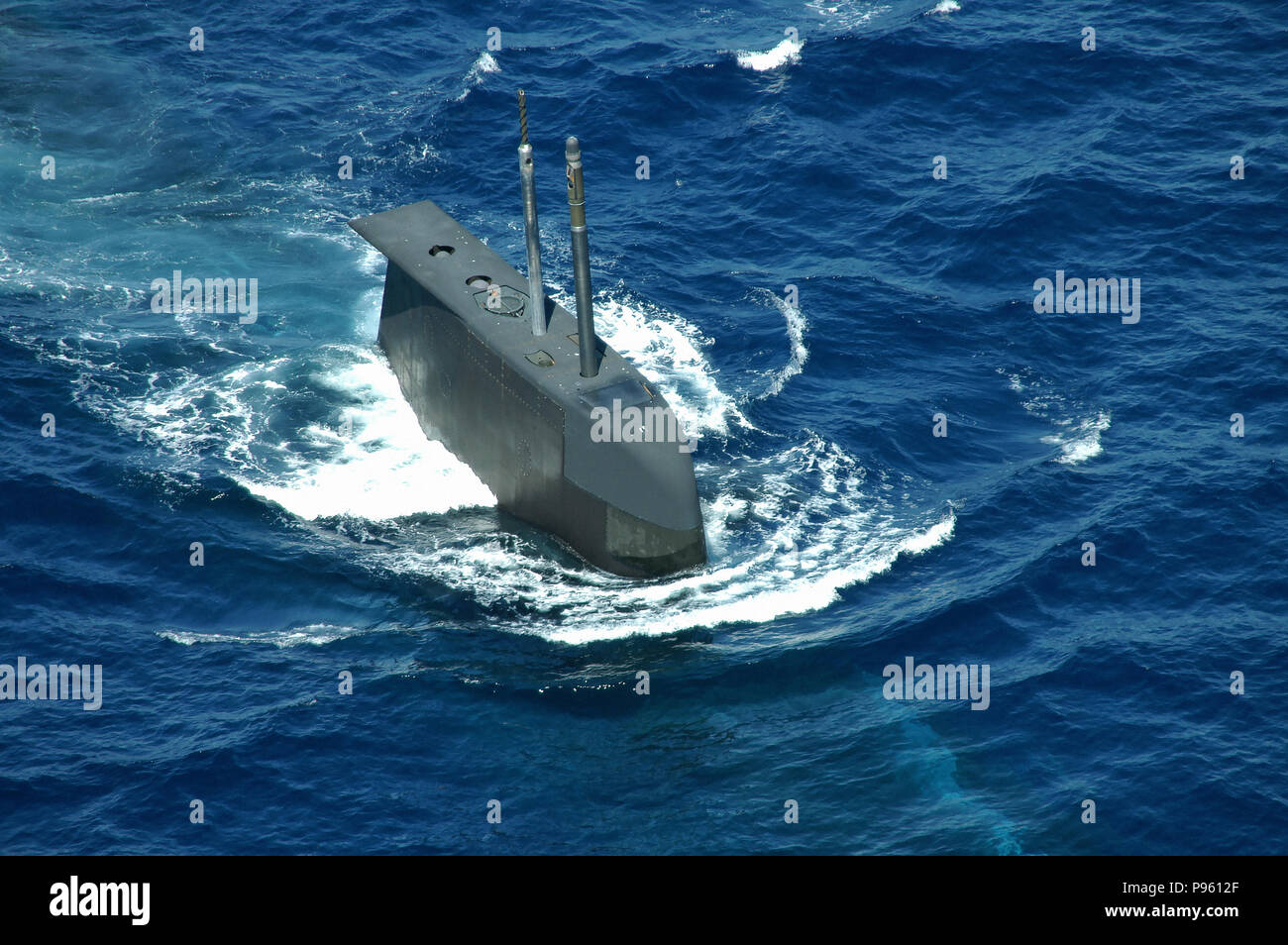 An aerial view of a Royal Australian Navy Collins class submarine HMAS