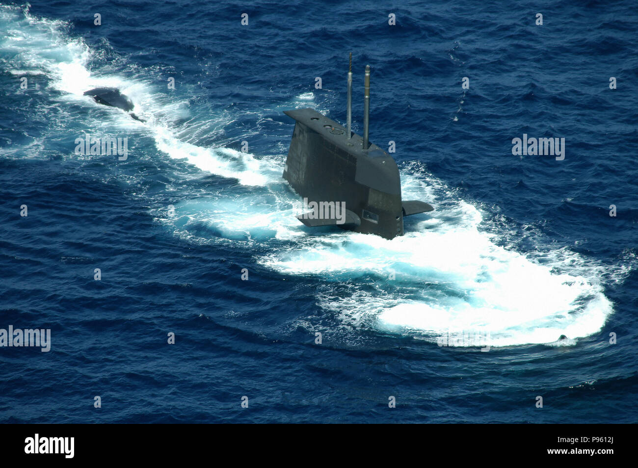 An aerial view of a Royal Australian Navy Collins class submarine HMAS
