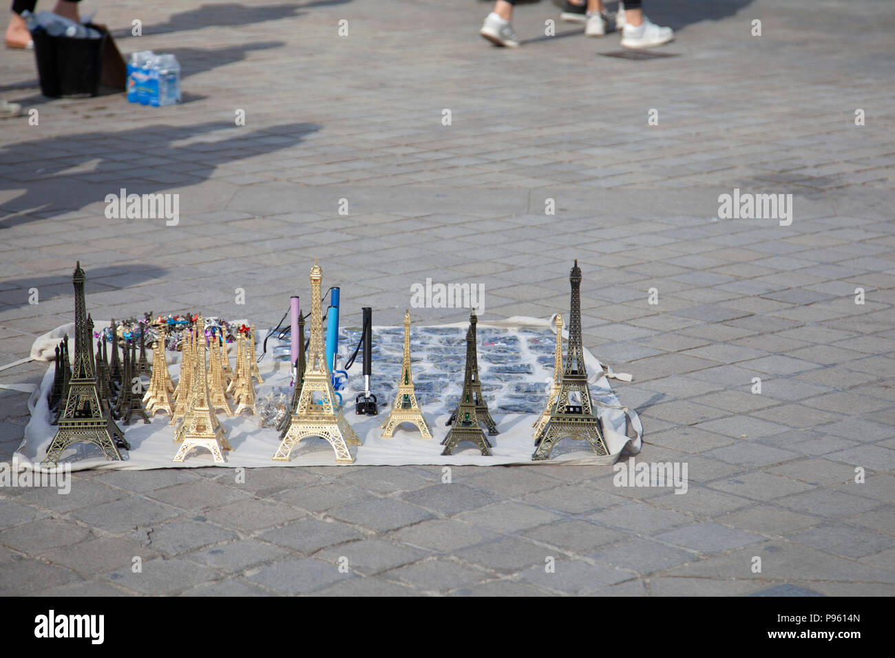 Eiffel Tower Souvenirs on Square outside Louvre in Paris, France Stock Photo