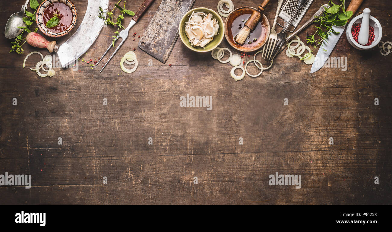 Grill seasoning and sauces with vintage kitchenware kitchen utensils