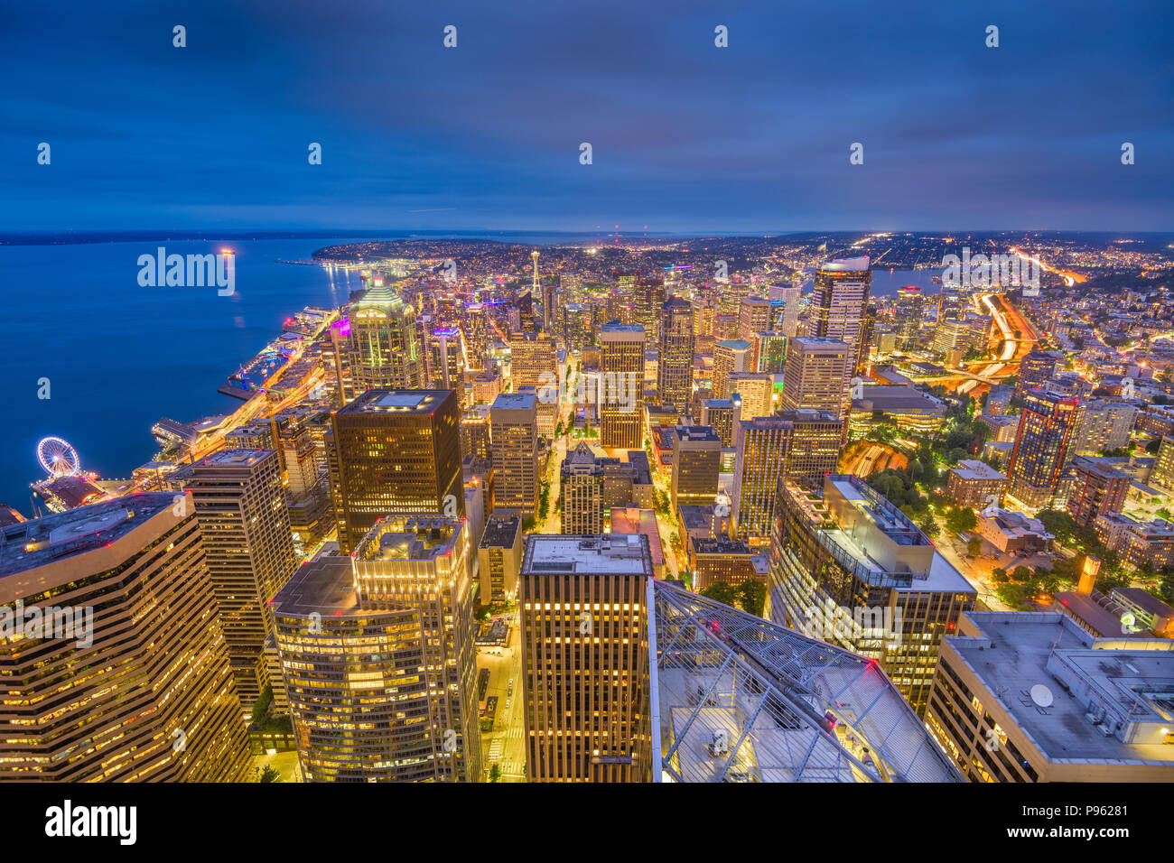 Seattle, Washington, USA aerial downtown skyline at twilight. Stock Photo
