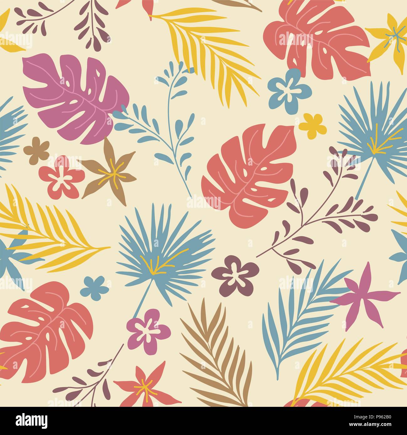 vector abstract seamless pattern with wild tropical plants and flowers Stock Vector