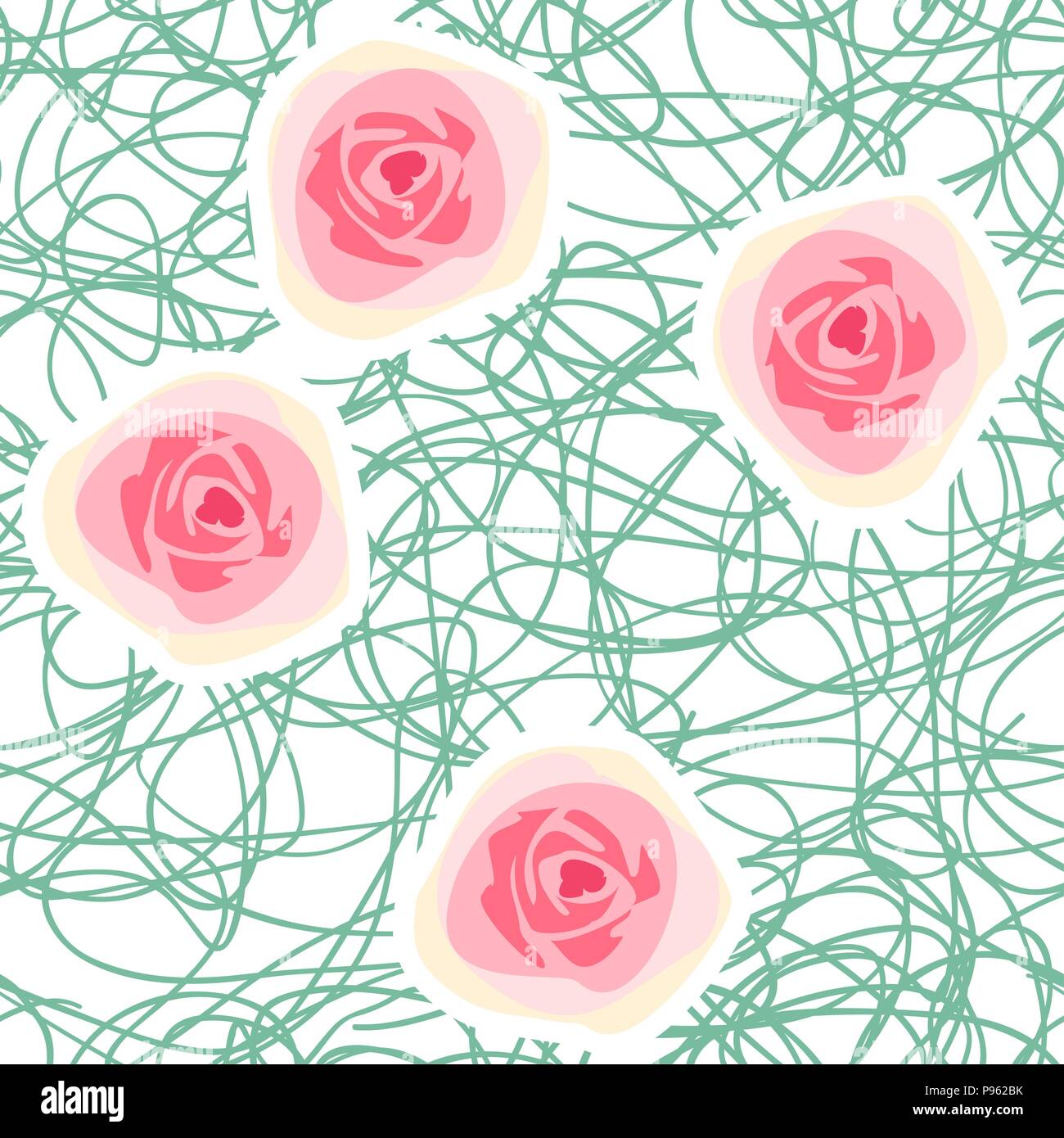 vector seamless floral background with abstract roses and chaotic squiggly lines Stock Vector