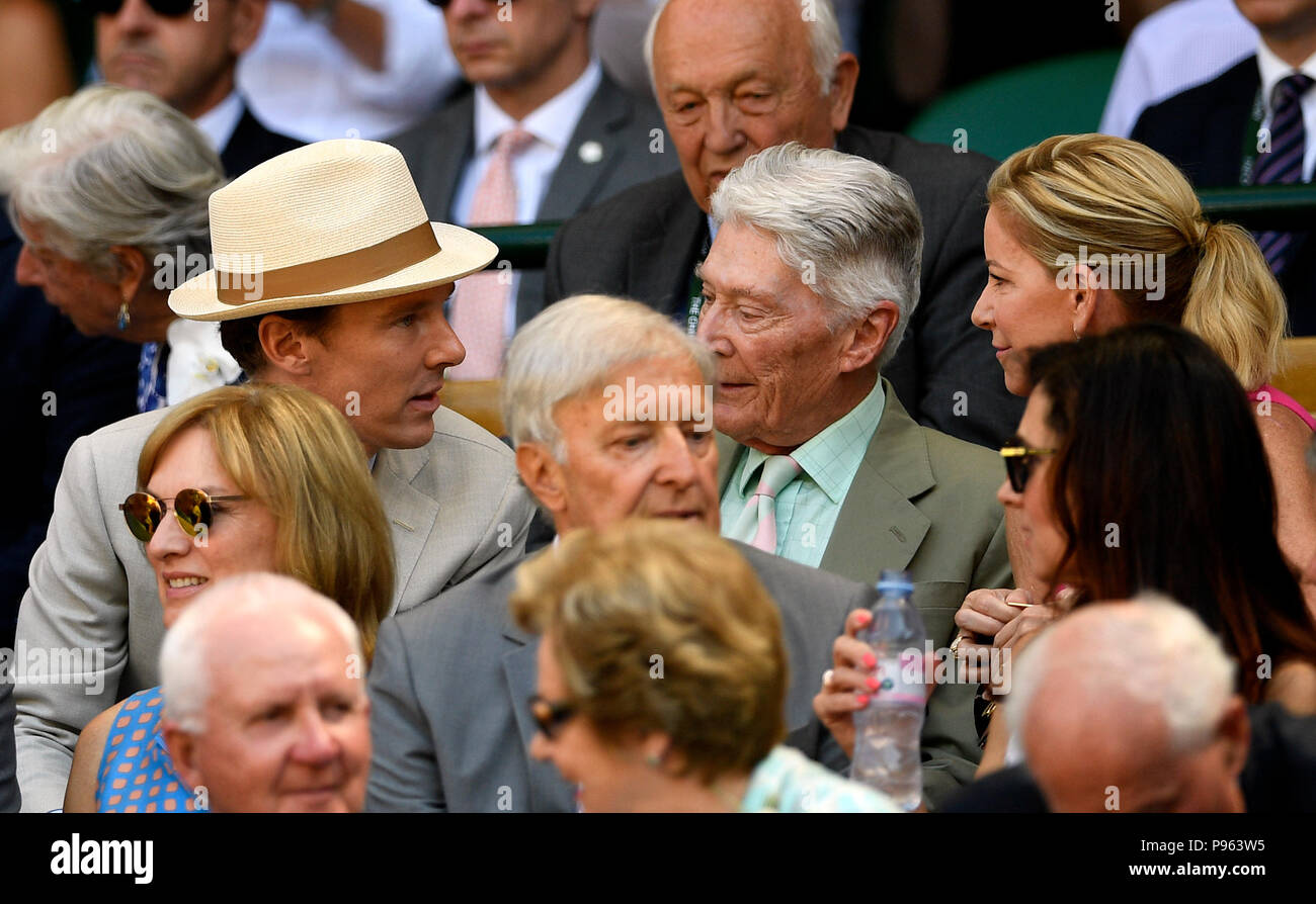 Benedict and Timothy Cumberbatch with Chris Evert in the royal box on centre court on day thirteen of the Wimbledon Championships at the All England Lawn Tennis and Croquet Club, Wimbledon. Stock Photo