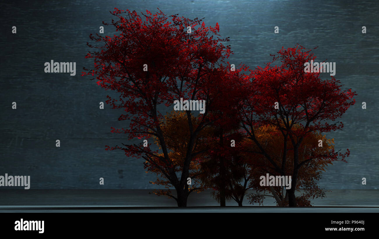 3d rendering. Cute trees with red and yellow leaves Stock Photo - Alamy