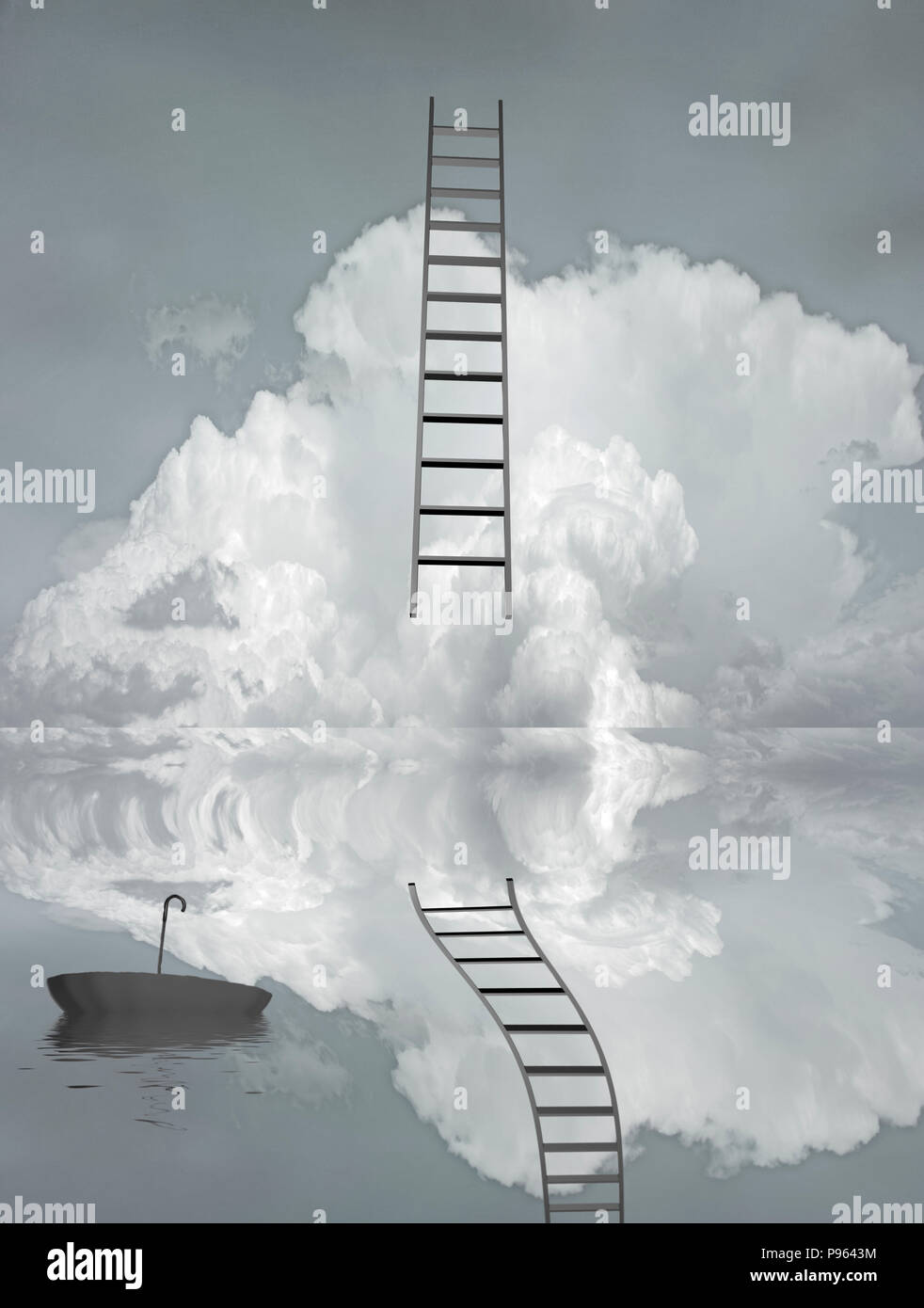 Ladder reflected in water with floating umbrella Stock Photo - Alamy
