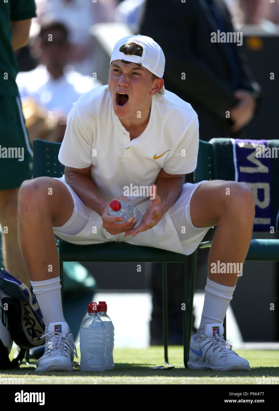 Jack Draper reacts on day thirteen of the Wimbledon Championships at the All England Lawn Tennis and Croquet Club, Wimbledon. Stock Photo