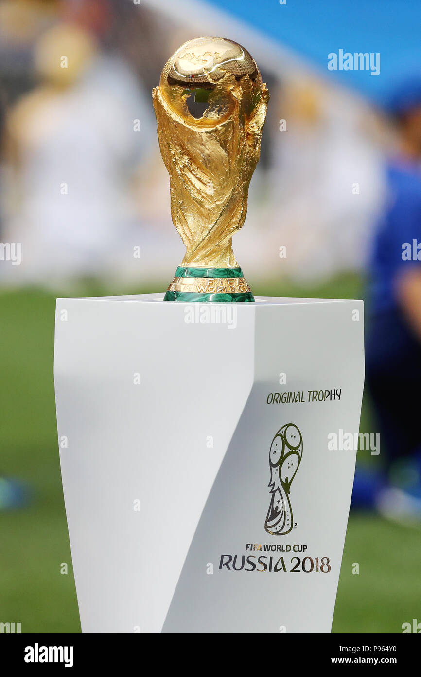 A general view of the official world cup trophy during the FIFA World Cup Final at the Luzhniki Stadium, Moscow. Stock Photo