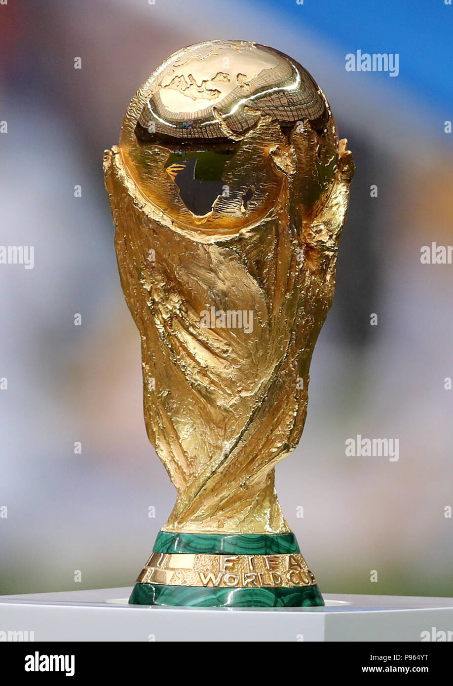 A general view of the official world cup trophy during the FIFA World Cup Final at the Luzhniki Stadium, Moscow. Stock Photo