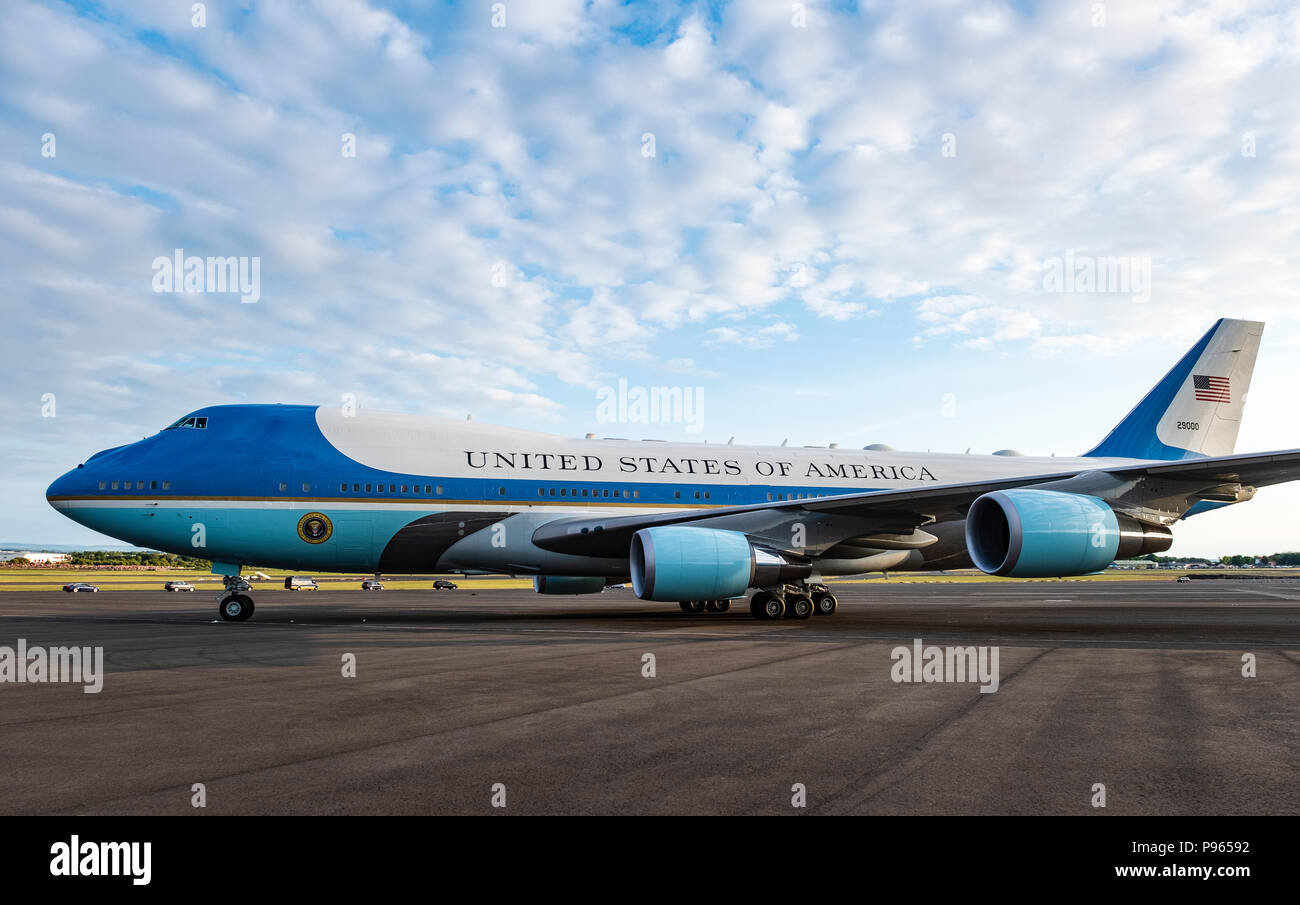 Prestwick Airport, Scotland, UK. 13 July, 2018. President Donald Trump arrives on Air Force One at Prestwick Airport in Ayrshire ahead of a weekend at Stock Photo