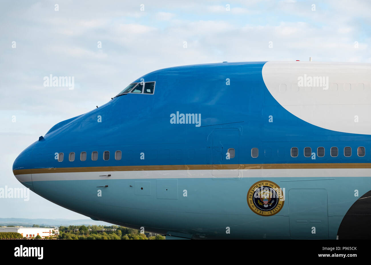 Prestwick Airport, Scotland, UK. 13 July, 2018. President Donald Trump arrives on Air Force One at Prestwick Airport in Ayrshire ahead of a weekend at Stock Photo