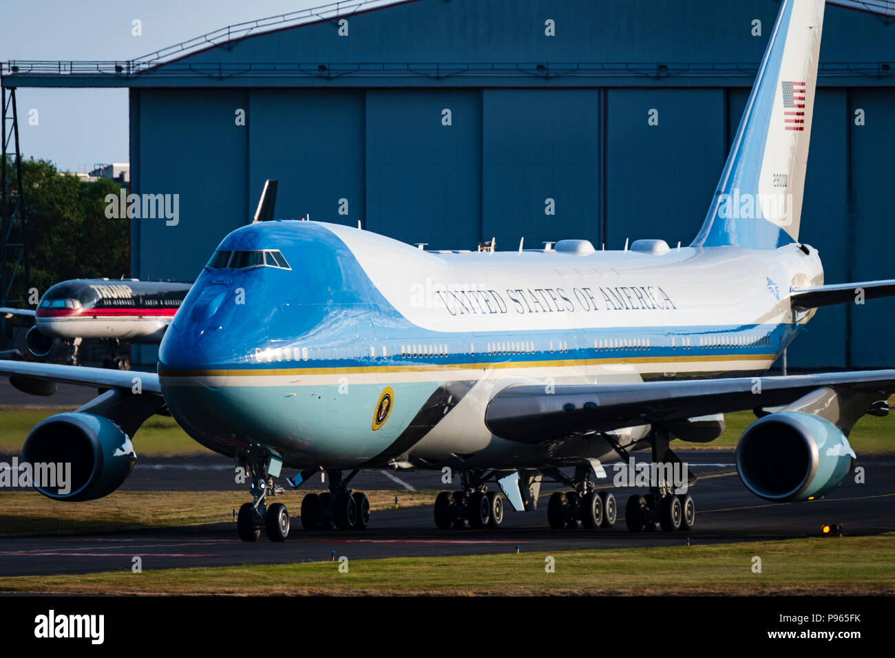 Prestwick Airport, Scotland, UK. 13 July, 2018. President Donald Trump arrives on Air Force One at Prestwick Airport in Ayrshire ahead of a weekend at Stock Photo