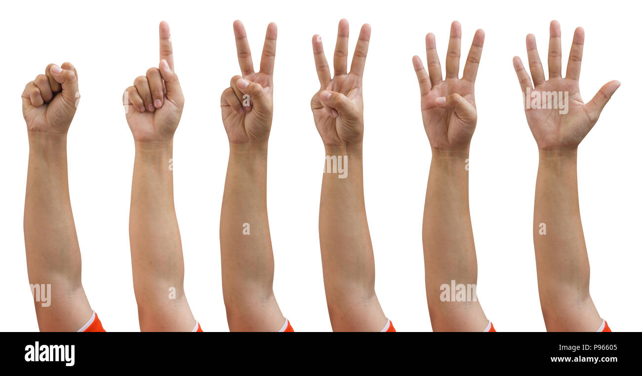 Female hands isolated. clipping path hand counting zero to five isolated on white background. Stock Photo