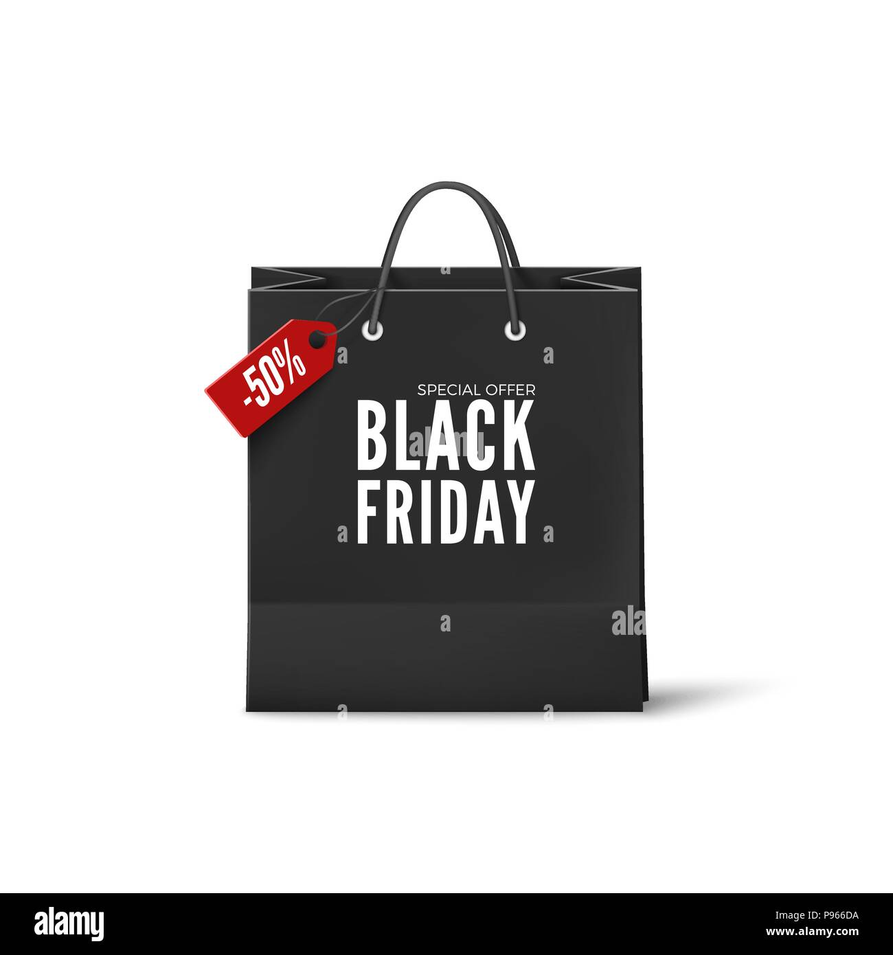 Black Friday Poster. Black paper bag with discount tag. Black friday banner template. Vector illustration isolated on white background Stock Vector