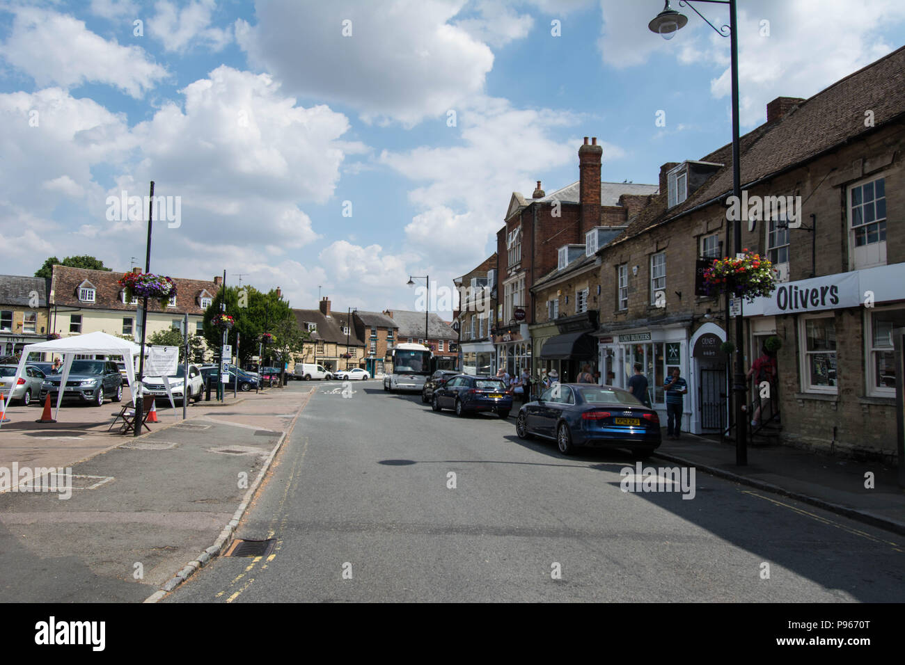 Main street and Olivers bakery shop in Olney village Bedfordshire UK