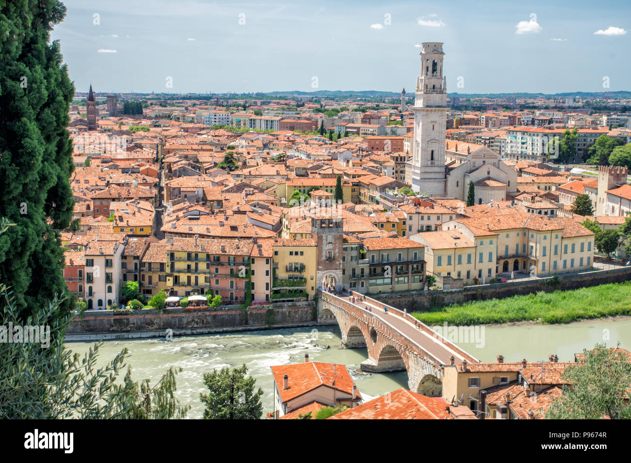 A view toward chatedral, Duomo and bridge Ponte Pietra in Verona, Italy Stock Photo