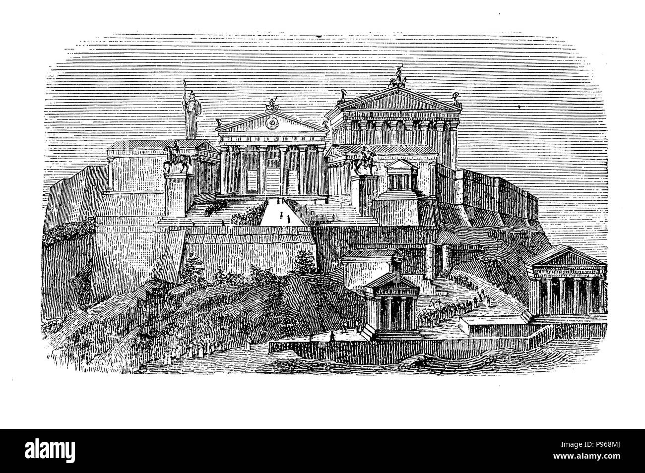 Vintage engraving describing how could have been the Acropolis of Athens in the antique times, not damaged over the course of centuries. Stock Photo