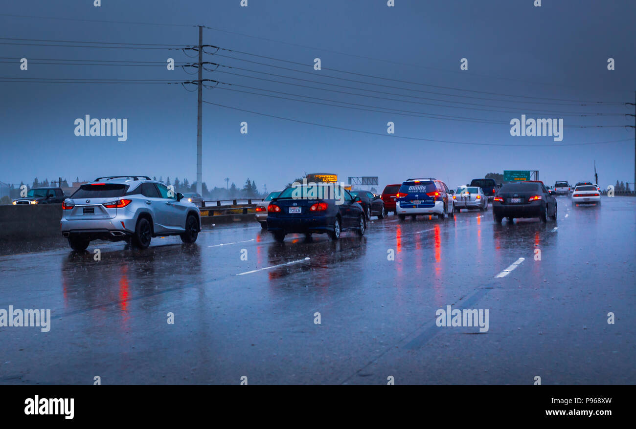 California wet weather driving on the freeway Stock Photo