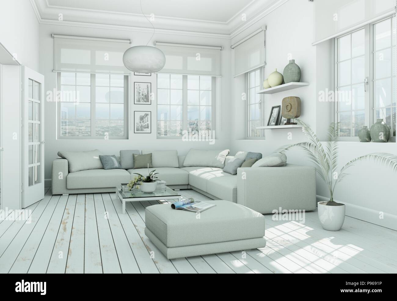 Picture of modern skandinavian interior design living room in white style Stock ...