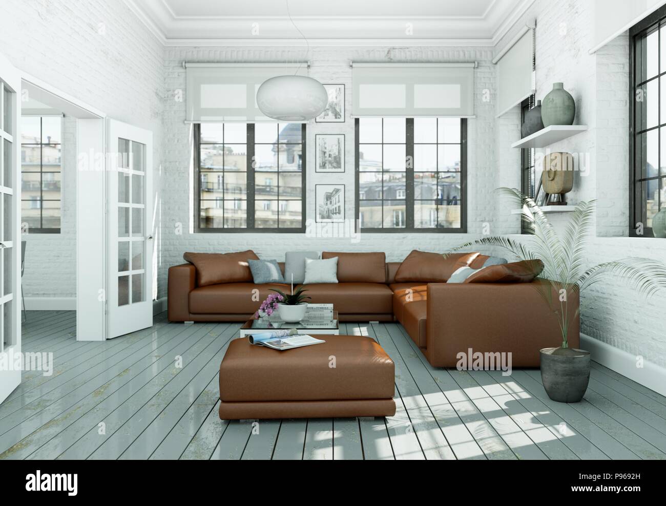 Illustration of Scandinavian Style White Living Room Design
