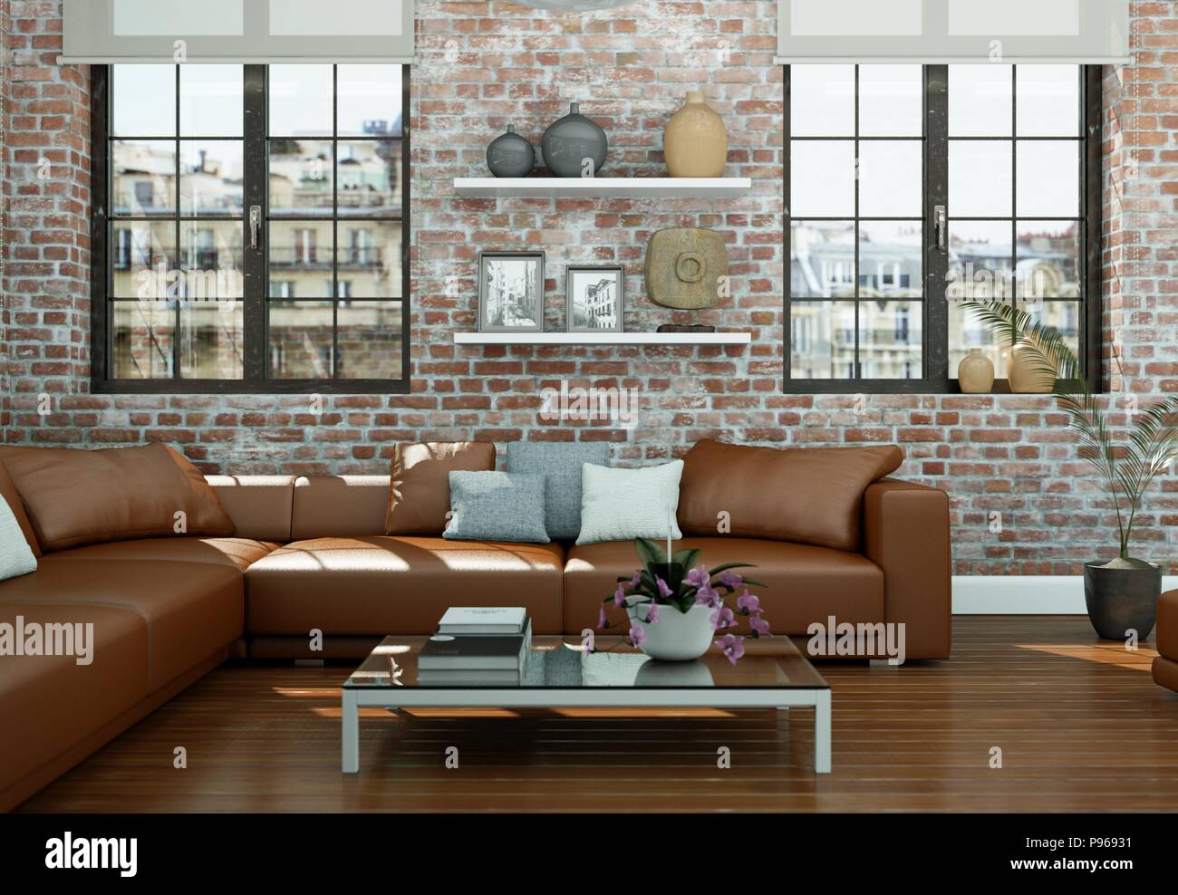 modern skandinavian interior design living room with stone wall Stock ...