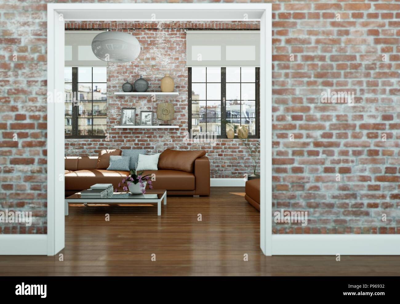 Picture of modern skandinavian interior design living room with stone wall Stock ...