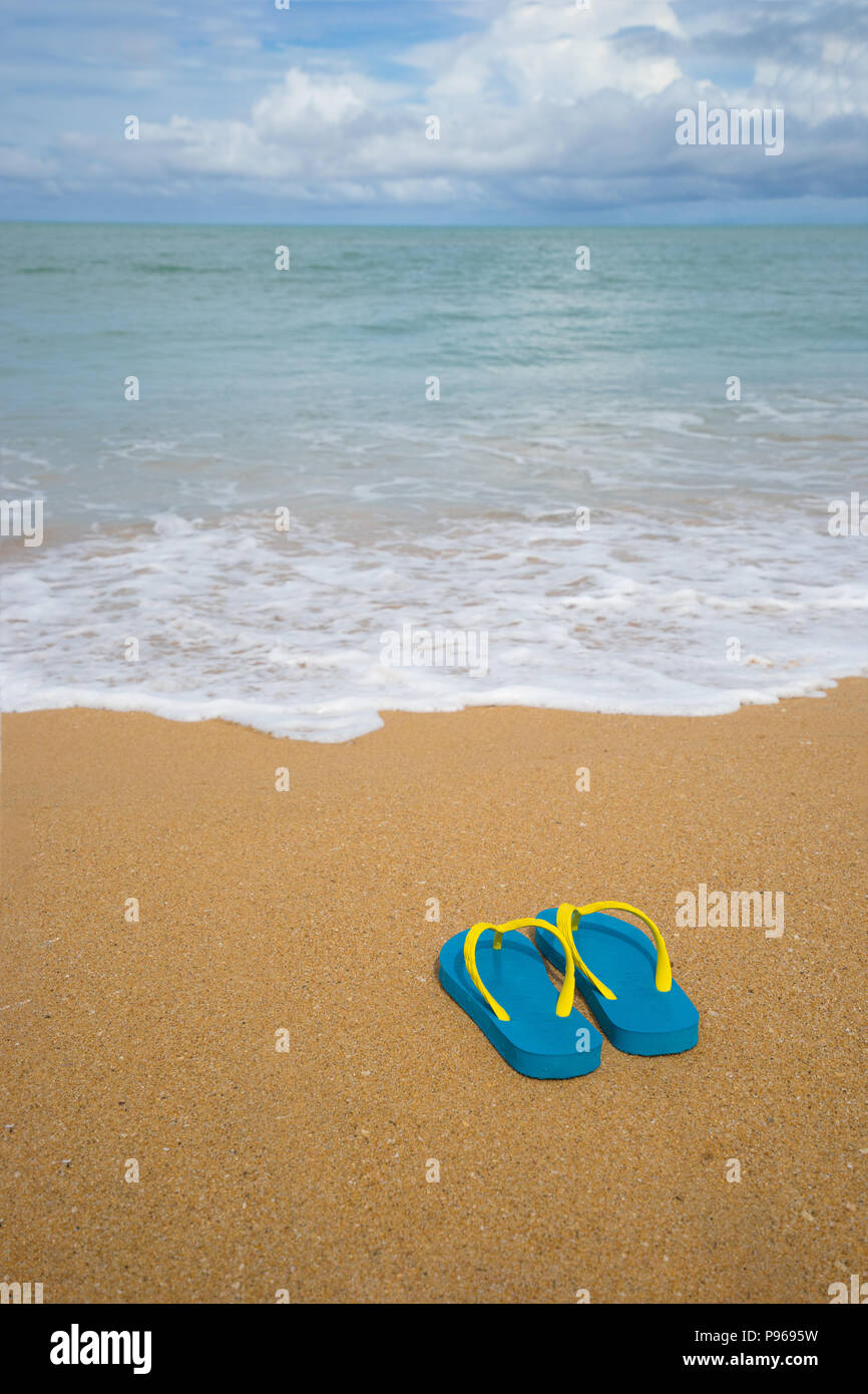 Ocean landscape And sandals on the beach. Welcome summer Stock Photo