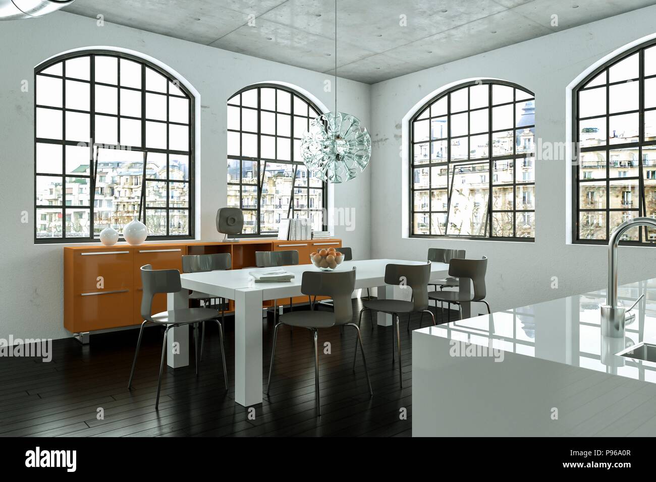 modern bright dining room in loft interior design Stock Photo - Alamy